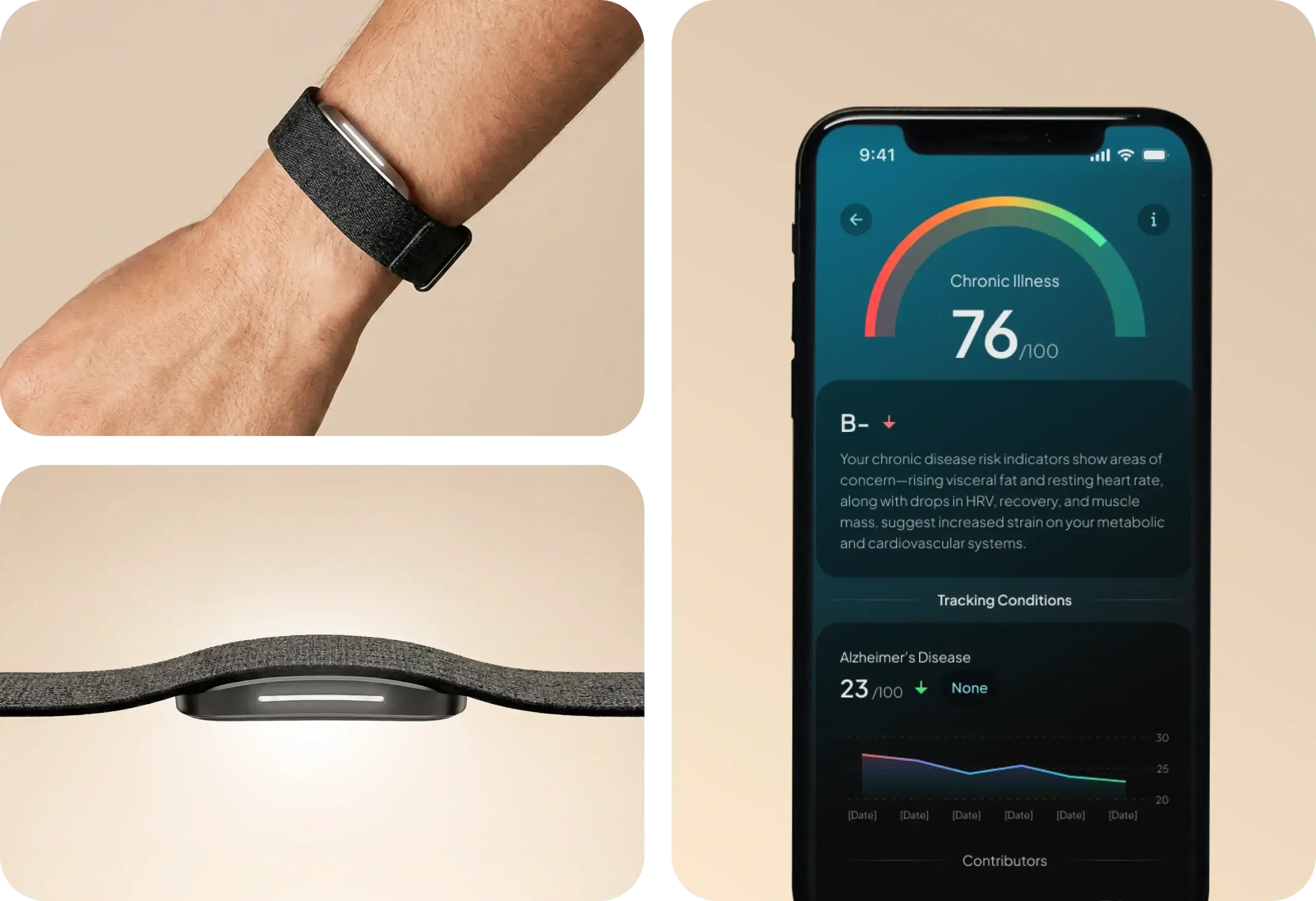 Hume Band 2.0 worn on the wrist next to the Hume Health app