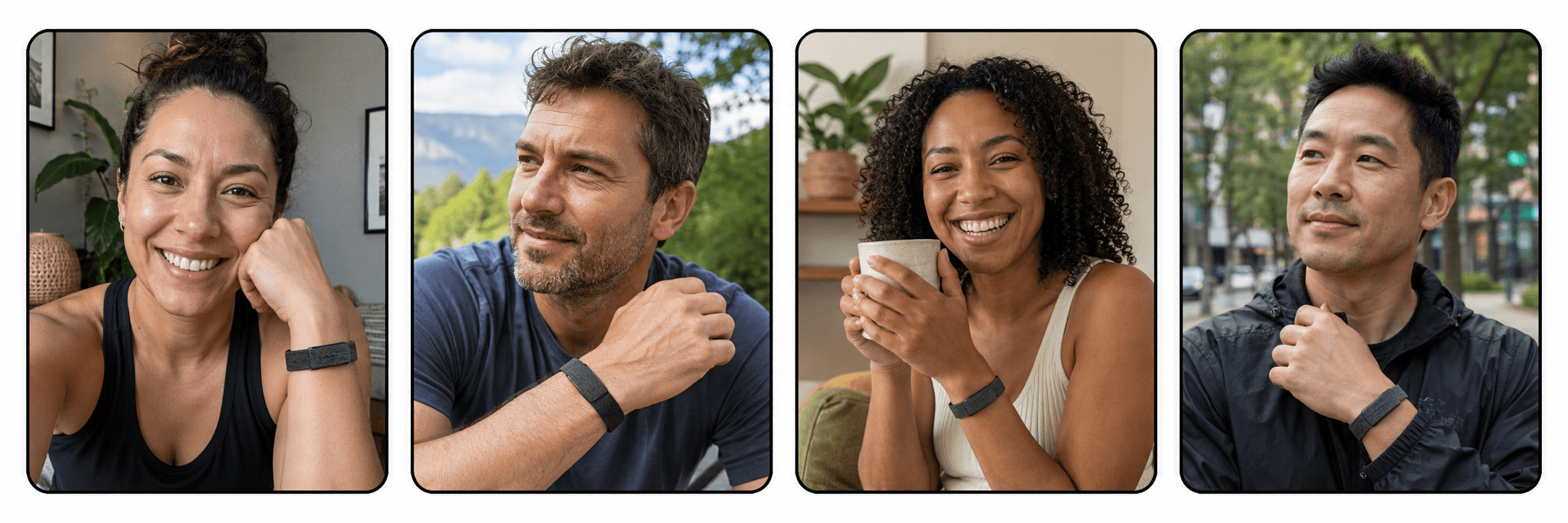 Four people wearing the Hume Band 2.0 on their wrist